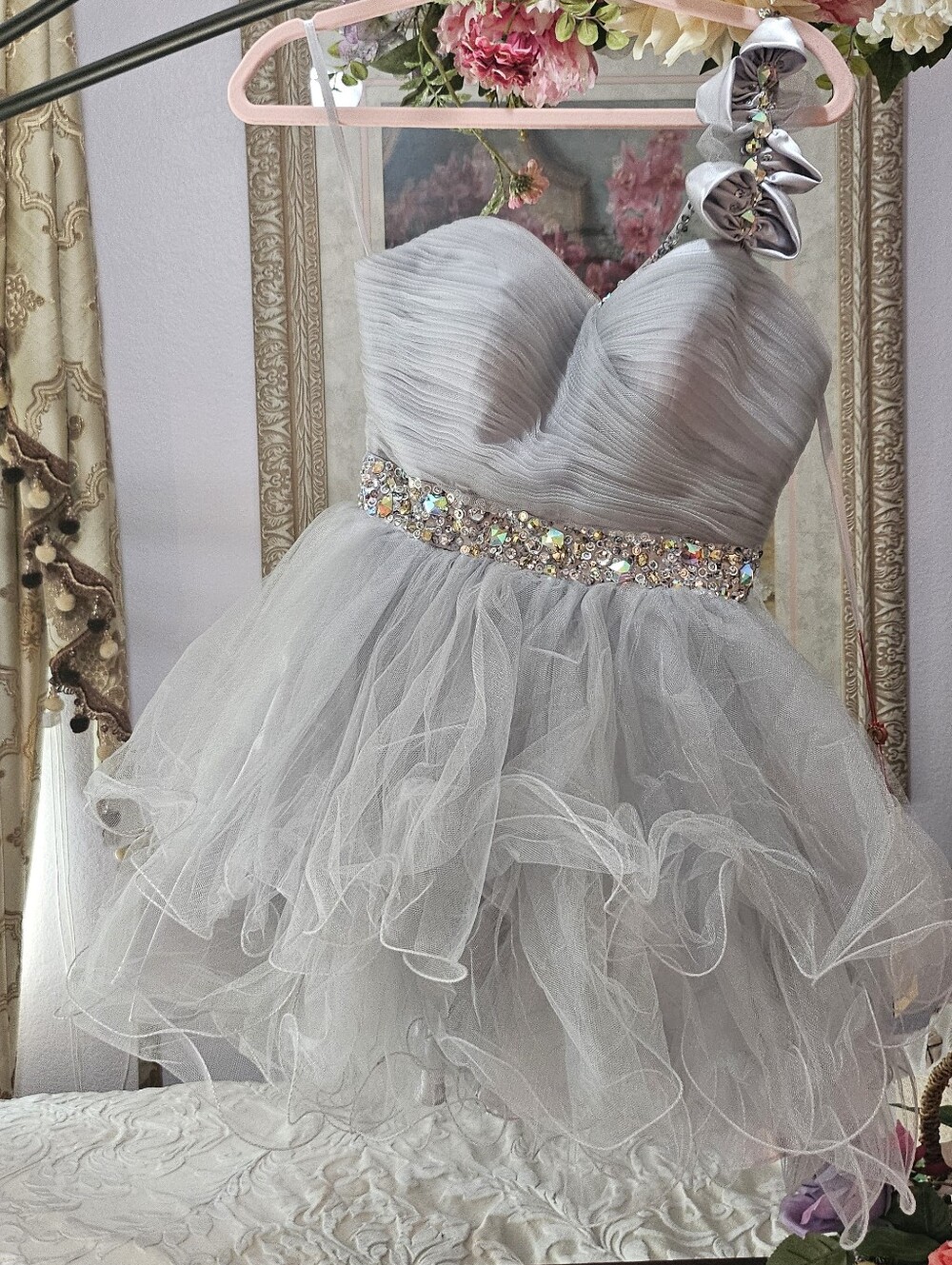 Vintage Y2K Princess Silver Tulle Party Dress with Rainbow Rhinestone Waistband